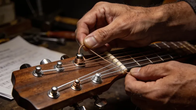 Een stemknop van de gitaar rechtsom draaien